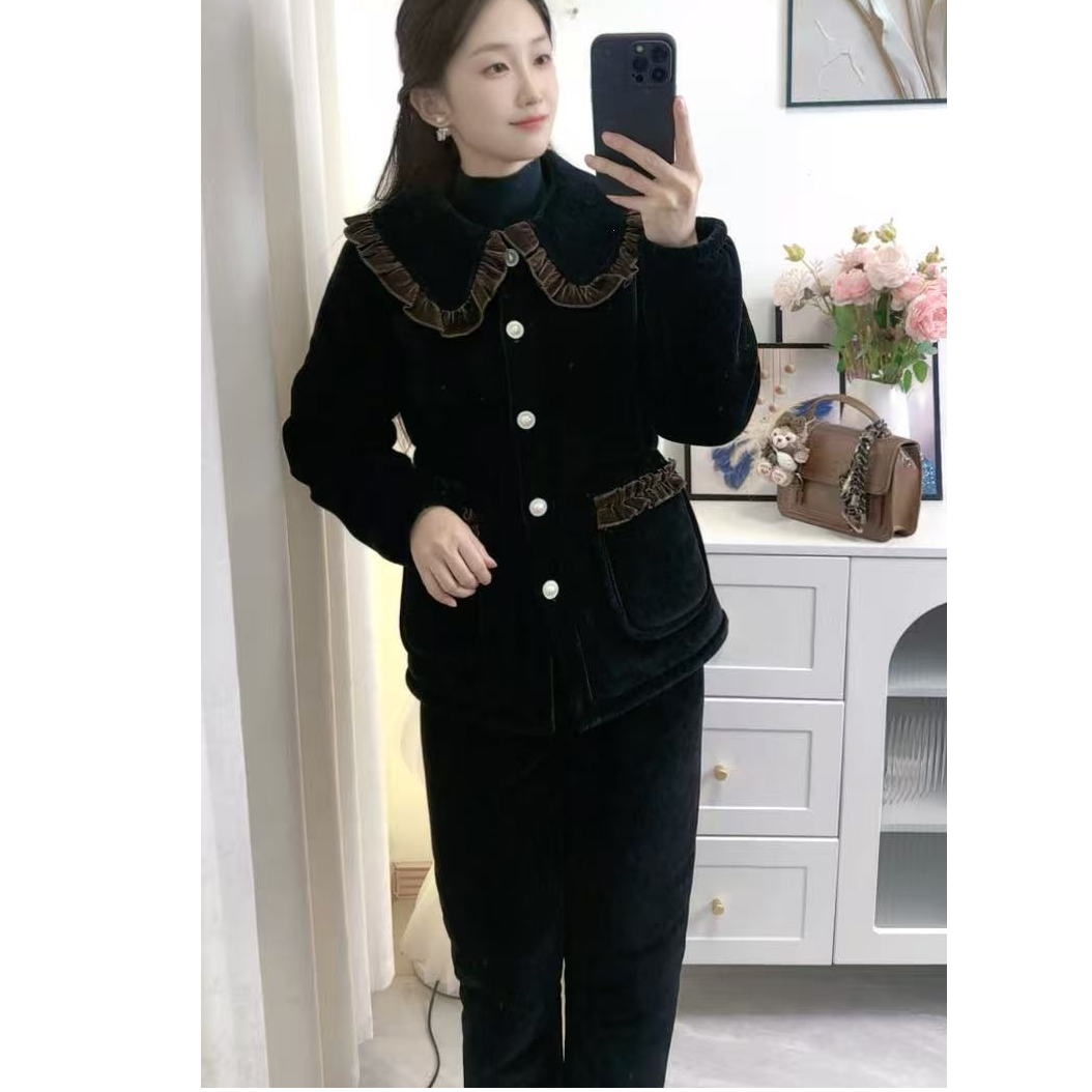  冬季外穿休闲咖色娃娃领花边套装睡衣家居服保暖套装/