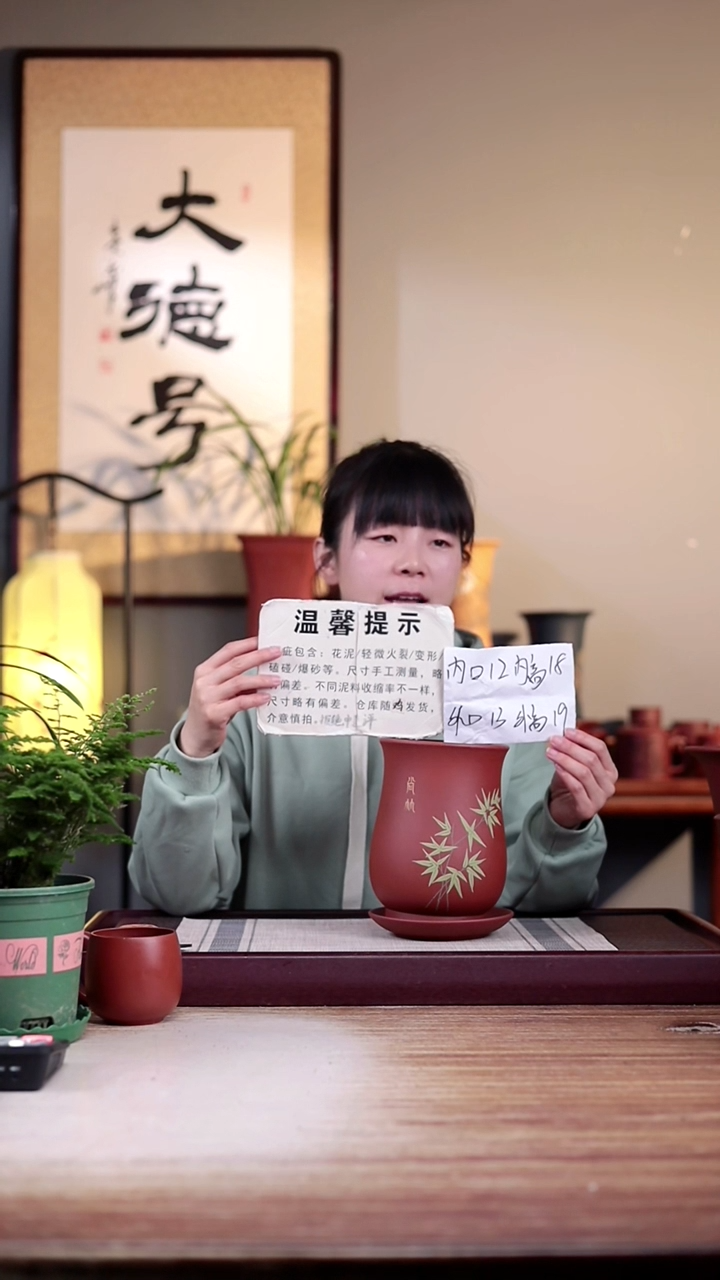 【闪购商品】紫砂花盆瑕疵清水泥手绘竹子凤尾一只带瑕疵托盘