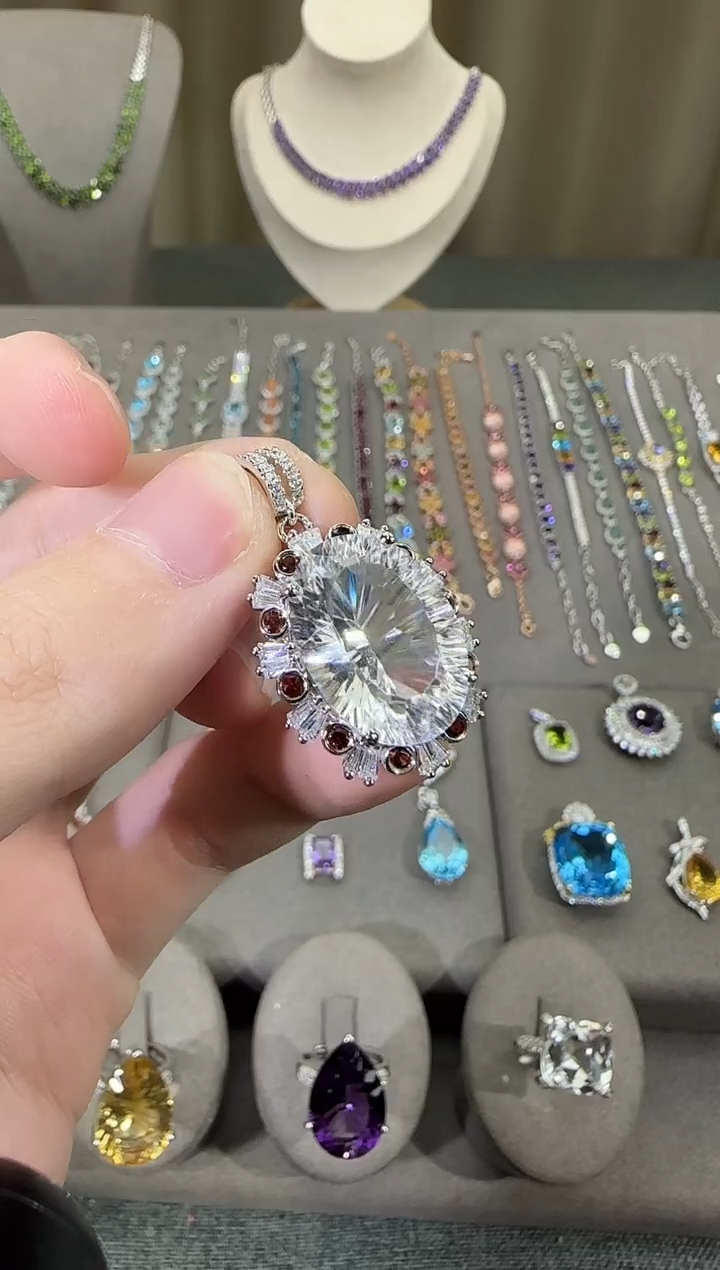 颈饰银S925镶嵌水晶13*18mm吊坠白水晶