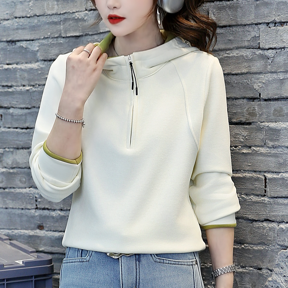 连帽撞色半拉链加绒长袖打底T恤女冬季新款时尚洋气减龄上衣#917