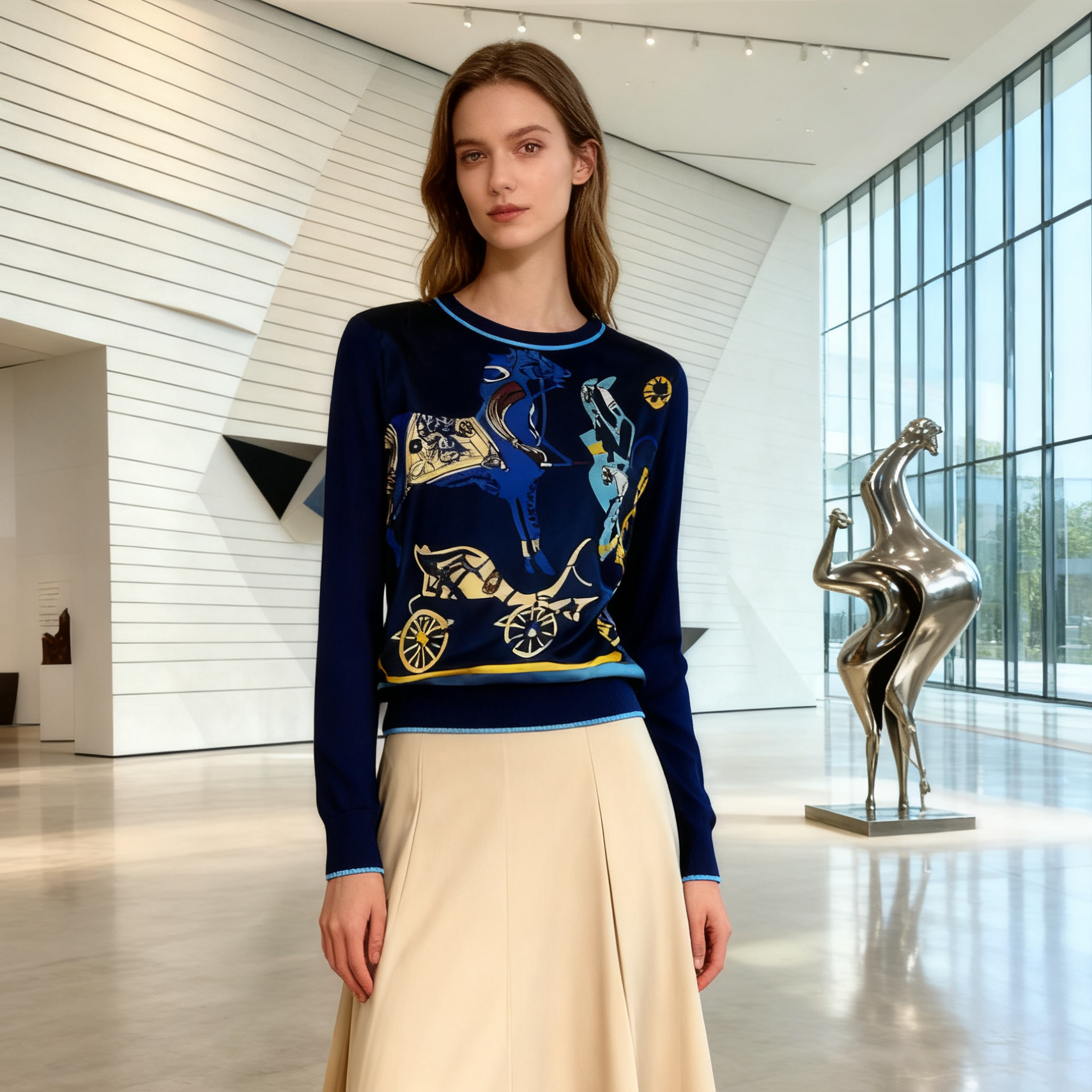 AW 25194【蓝图骏马】2025秋 桑蚕丝印花拼接上衣