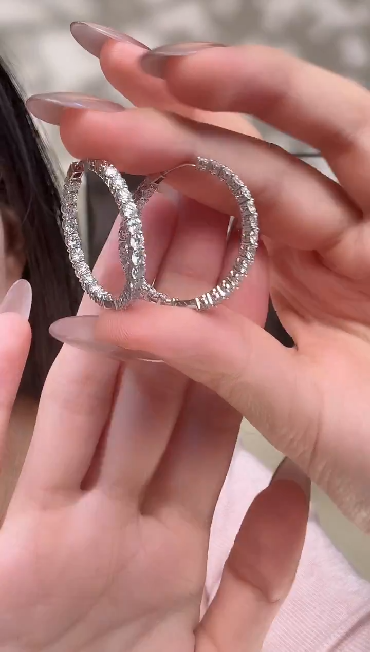 18K金镶嵌实验室培育钻石耳饰@@耳圈白圆形大圈25MM