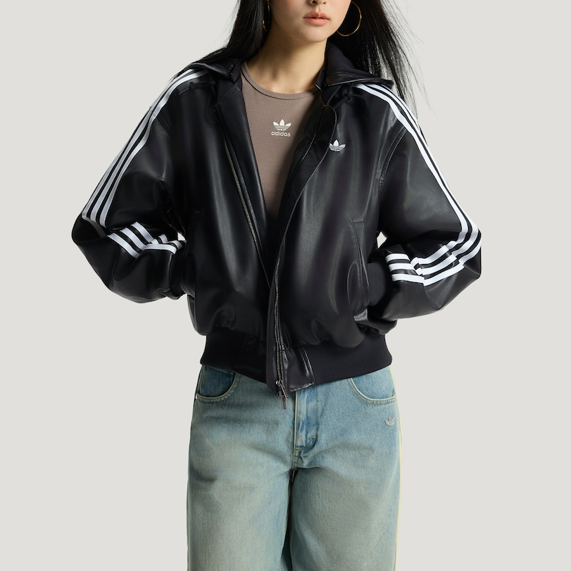 阿迪达斯/adidas三叶草女子保暖运动黑色连帽棉服 KU6857