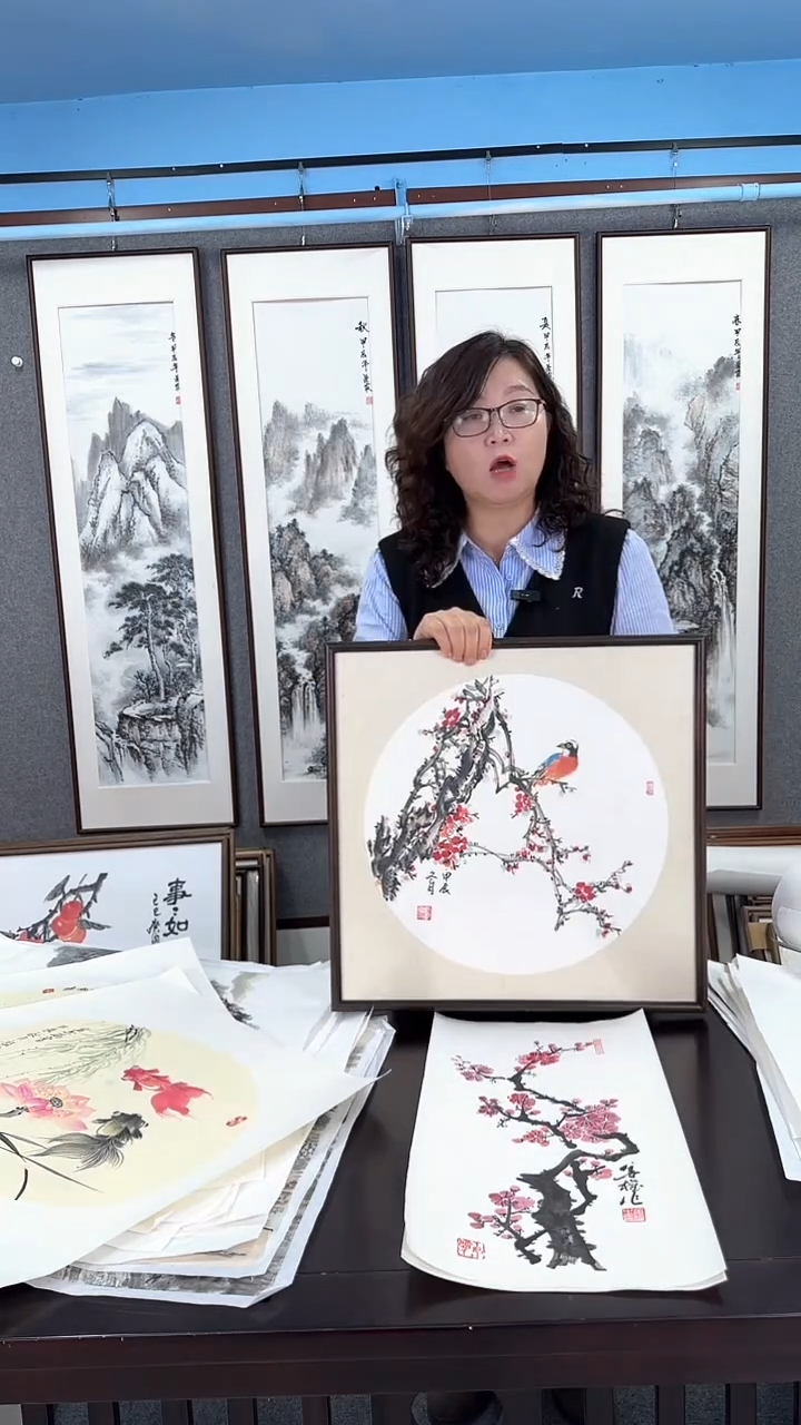 国画实木装裱   花鸟 50*50