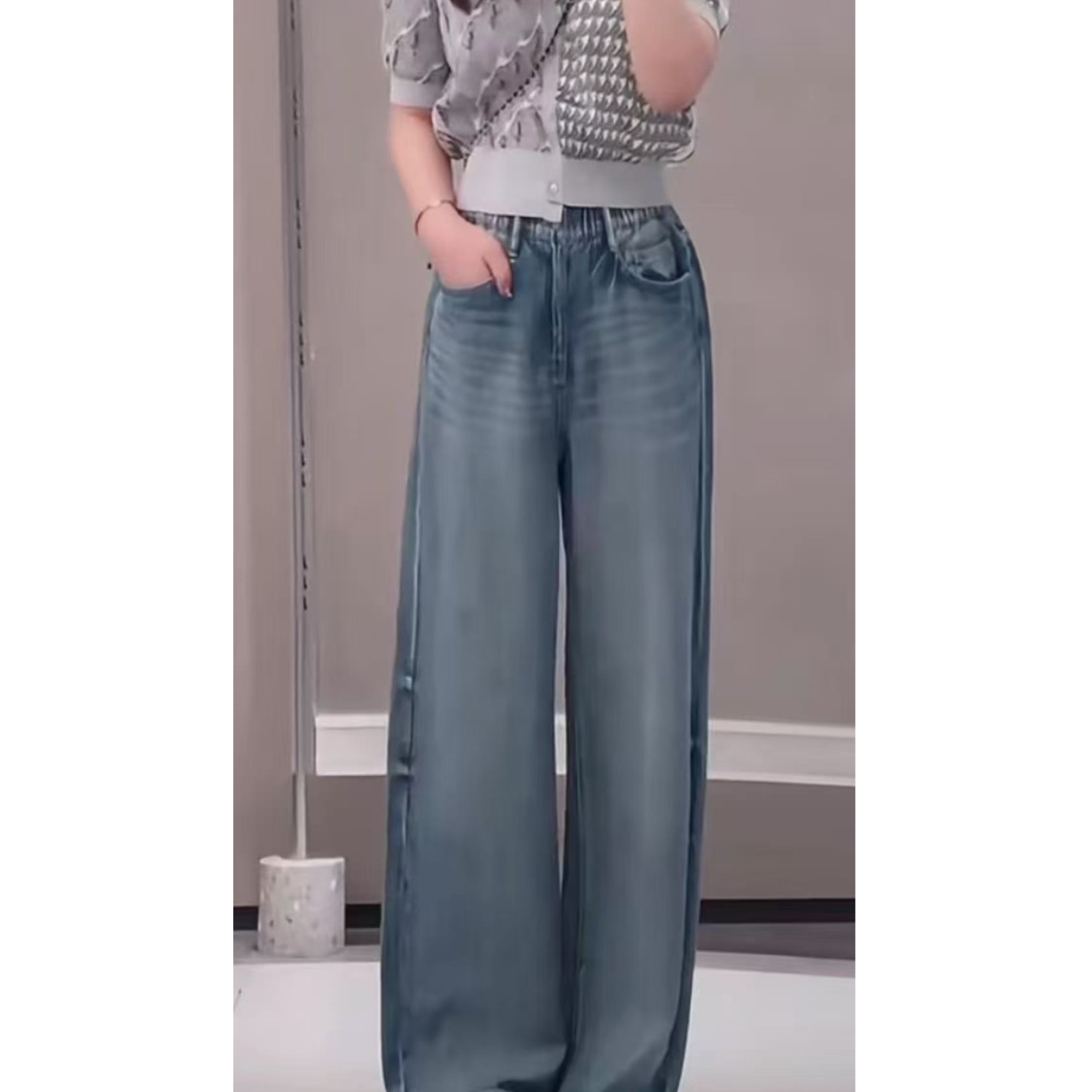 女士莱赛尔麻面膜裤牛仔蓝长裤夏季