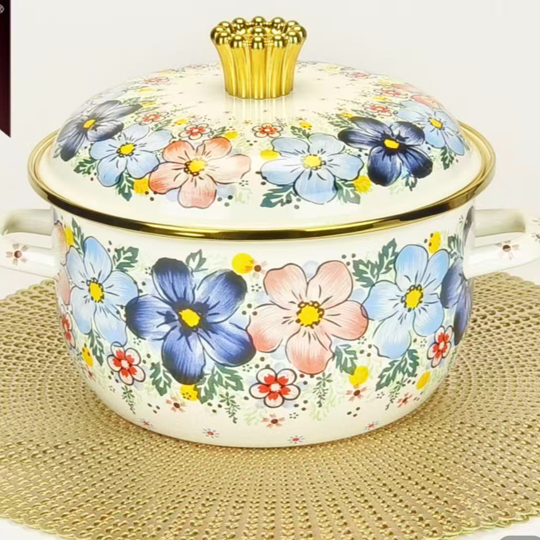 新款搪瓷双耳汤锅老式珐琅搪瓷烧锅猪油罐带盖碗装猪荤油罐子