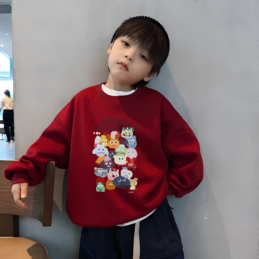 酒红色卡通印花男童圆领卫衣早秋新款宽松中大童男孩秋季薄款上衣