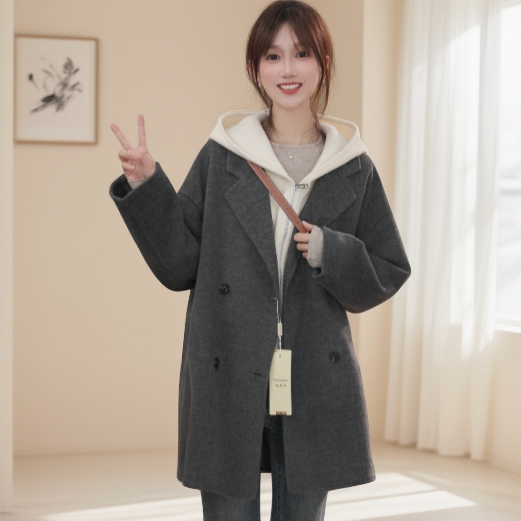 真两件套韩版加厚保暖气质大衣网红百搭秋冬短款小个子羊毛大衣KK