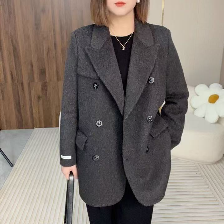 戗驳领中长款宽松双面大衣24年冬季新款秋冬时尚毛呢大衣韩版