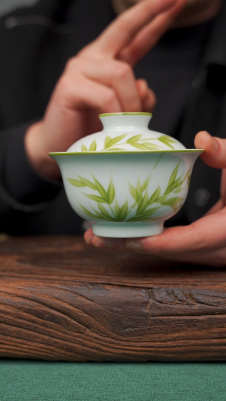 【闪购商品】瓷片寻一缕瓷香杯釉下手工手绘瓷器 竹子盖碗