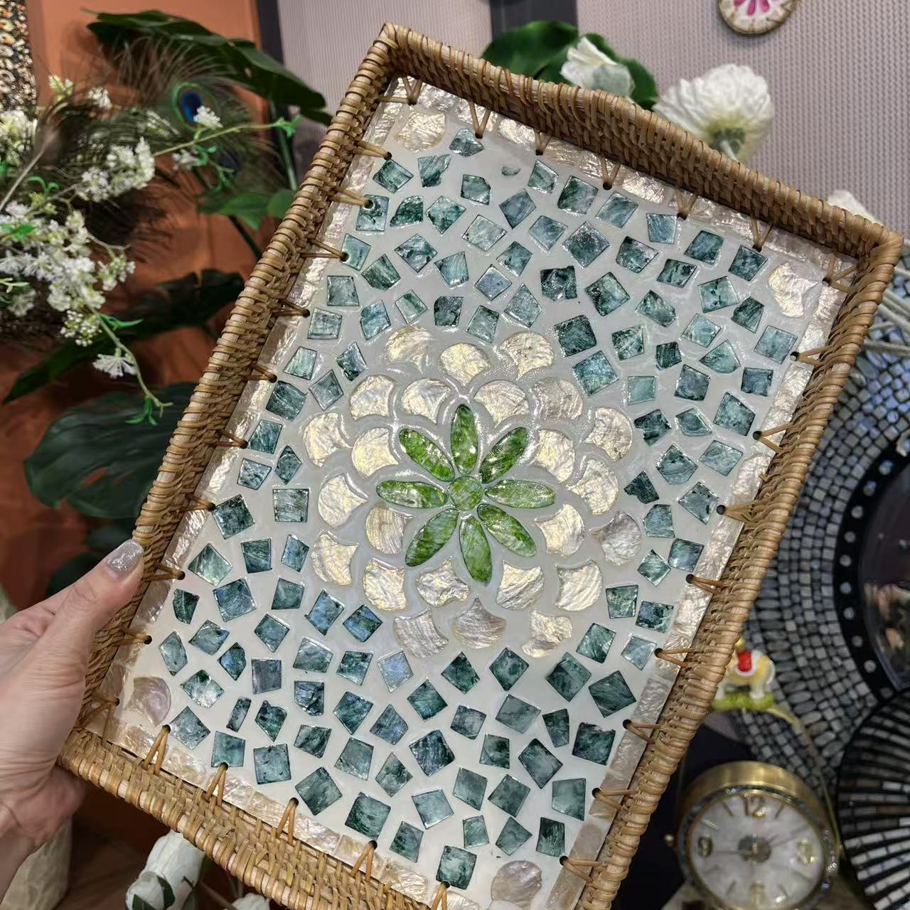 T买一送一海棠花藤编贝壳茶水收纳托盘