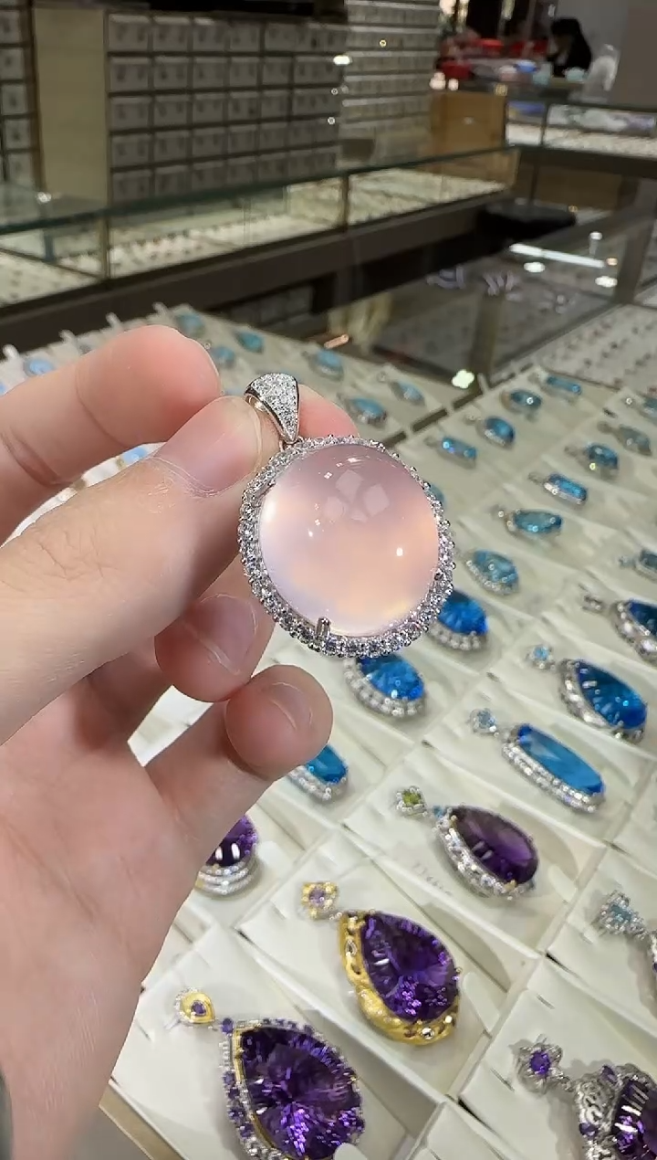 颈饰银S925镶嵌芙蓉石15*20mm星光粉水晶吊坠50ct