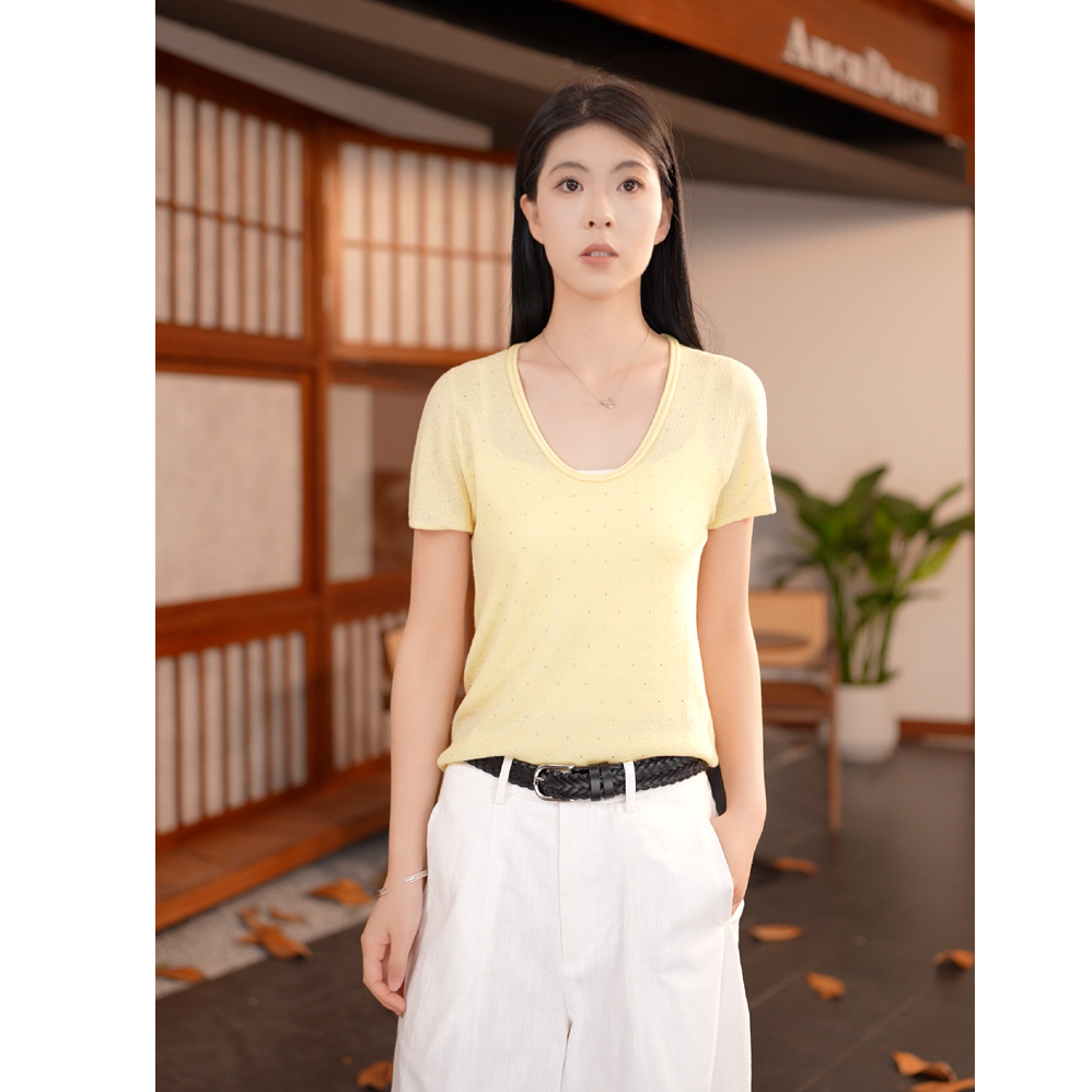 精工艺 德国扬子纱烫钻羊毛T恤星空小钻春夏全羊毛针织衫短袖