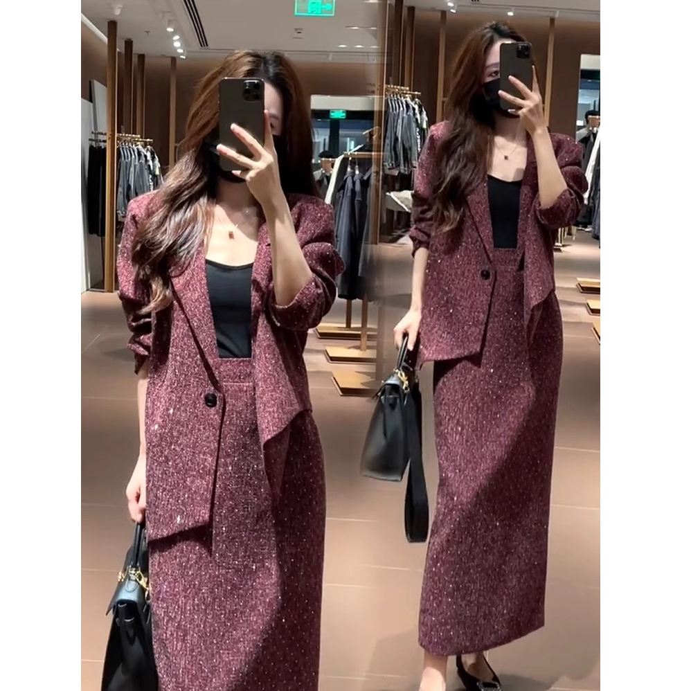 时尚套装裙女2025秋季大码小香风洋气显瘦西服外套半身裙两件套潮