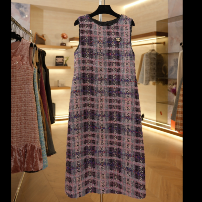 【零】欧货小香风格纹无袖连衣裙女2025冬季新款中长款H253-8091