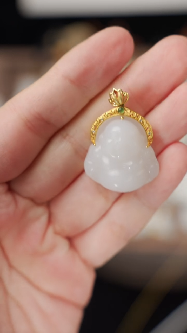 和田玉18K金镶嵌吊坠(不含链)吊坠