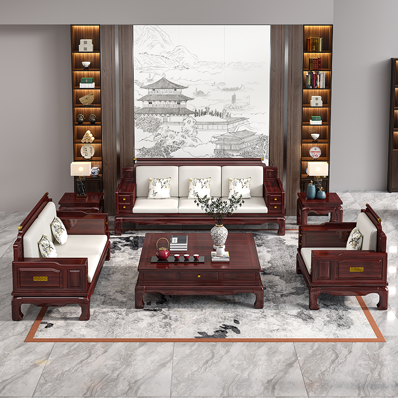 新中式乌金木全实木沙发榫卯结构两用儿成人童家具工厂#105成套