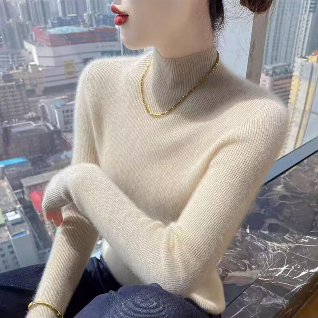 加厚款~能机洗！亲肤柔软 一线成衣羊毛半高领打底衫时尚百搭修身