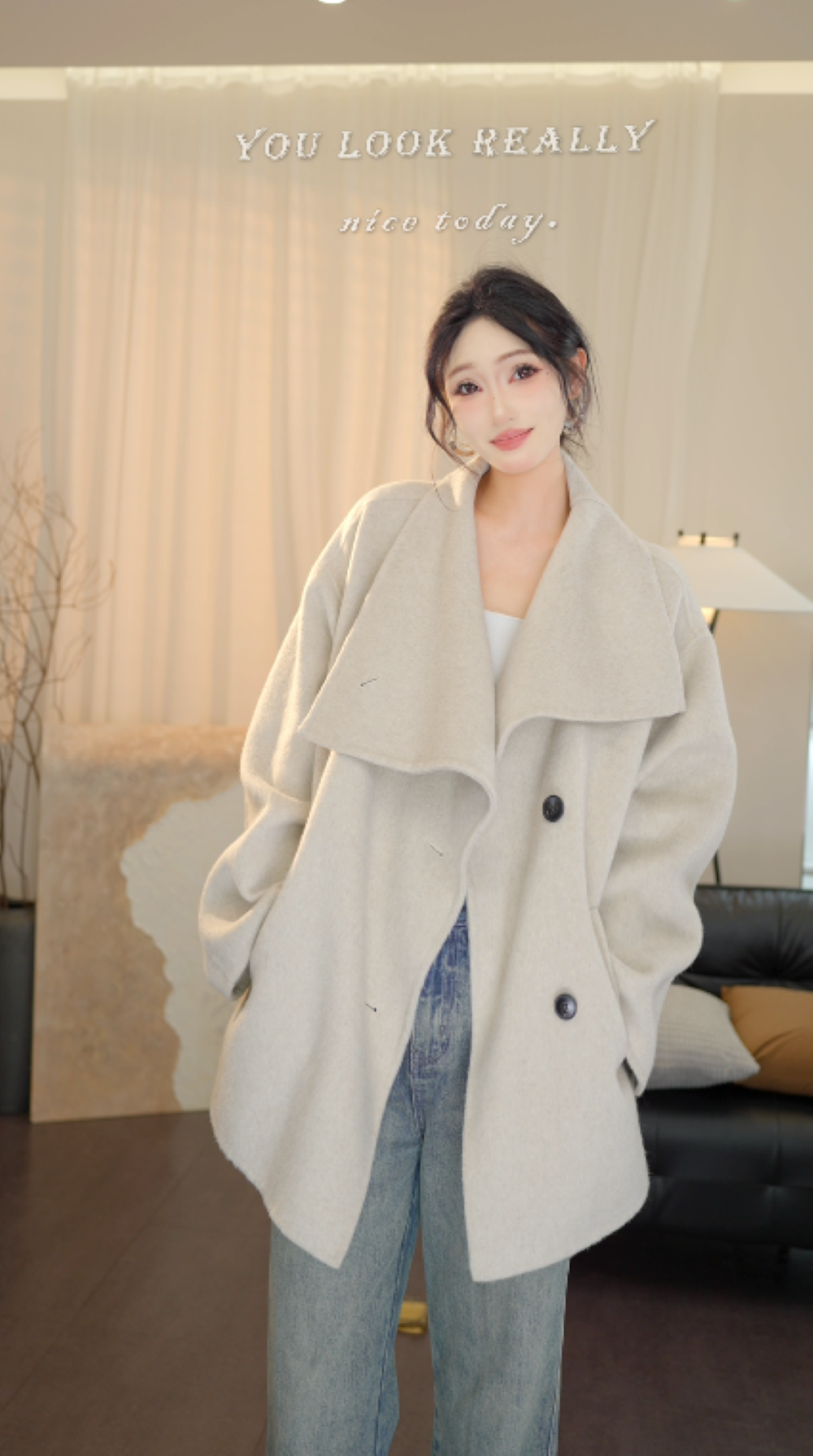 修身型短款大翻领风大码毛呢外套白色系肯豆风侘寂风25008