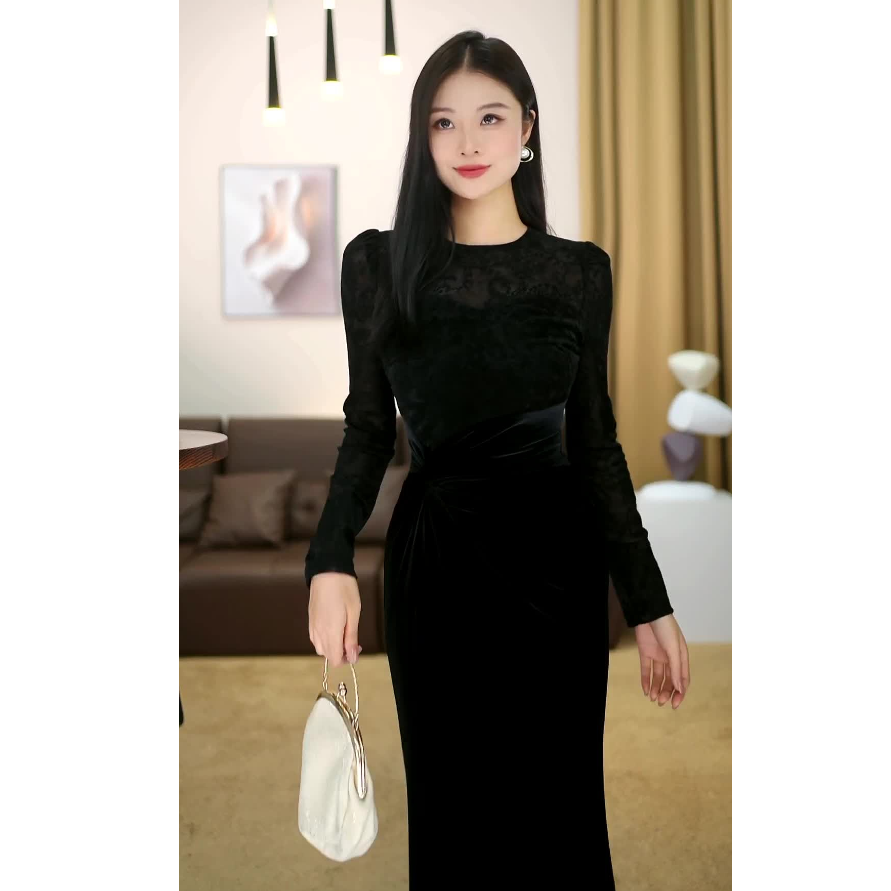 【爱笑】墨染芳华 显瘦高腰秋季长裙中式连衣裙秋冬季开叉裙-VG0377