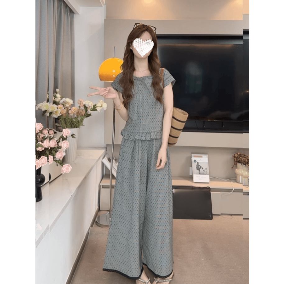 灰色大码减龄木耳边波点背心阔腿裤套装女2025夏新款韩系两件套