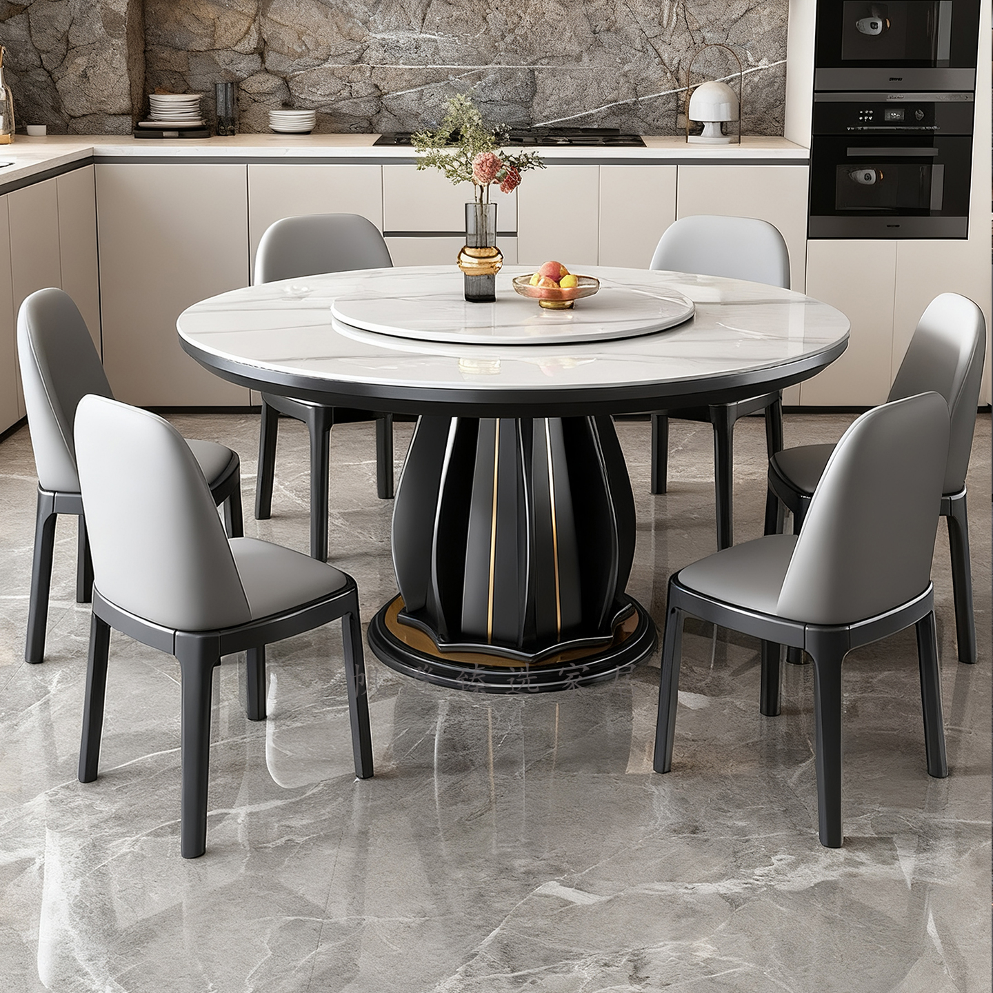 轻奢岩板圆桌现代简约家用吃饭桌子带转盘实木圆形餐桌十人大圆桌