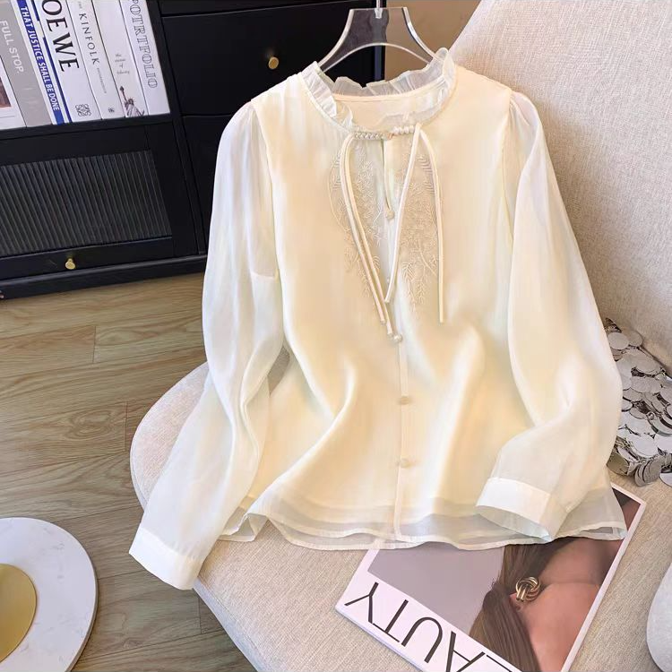 《韩韩家》新中式国风蕾丝刺绣雪纺长袖衬衫