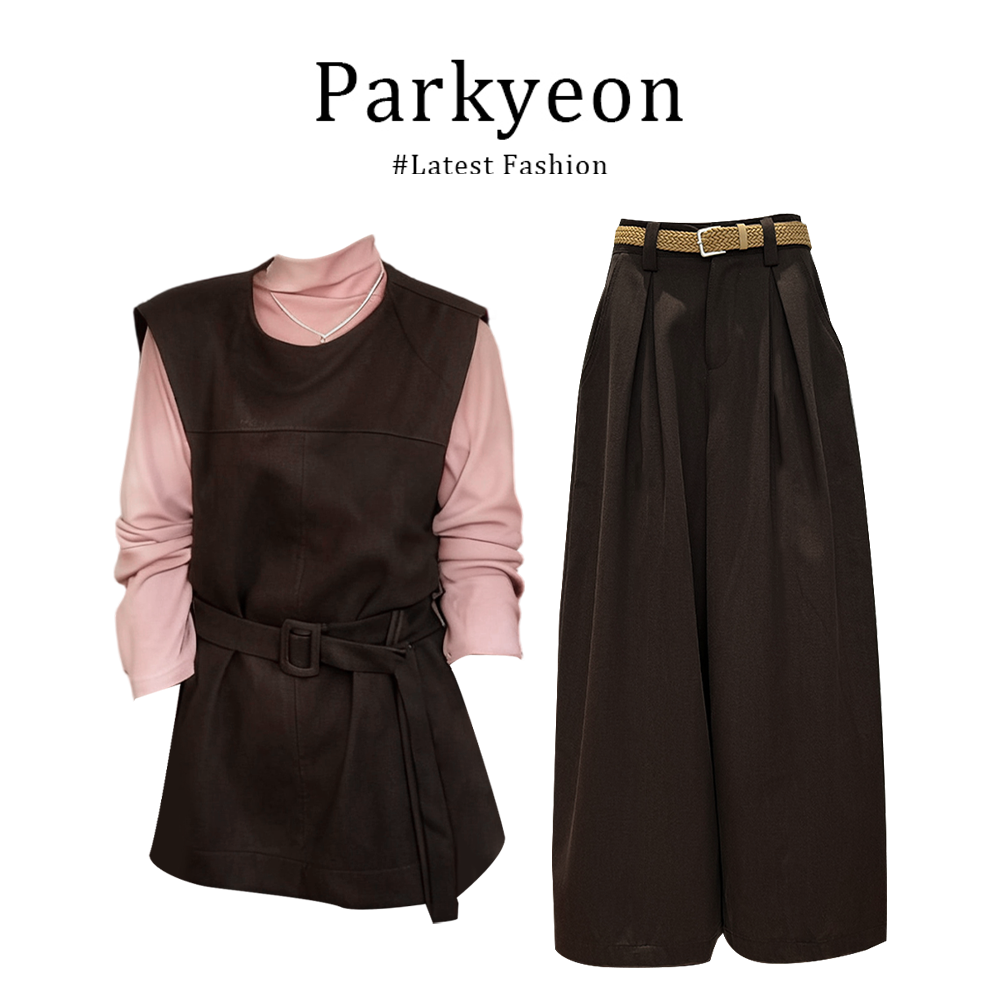 INS CEC法式绑带收腰圆领马甲女2025秋冬粉色打底衫阔腿裤三件套