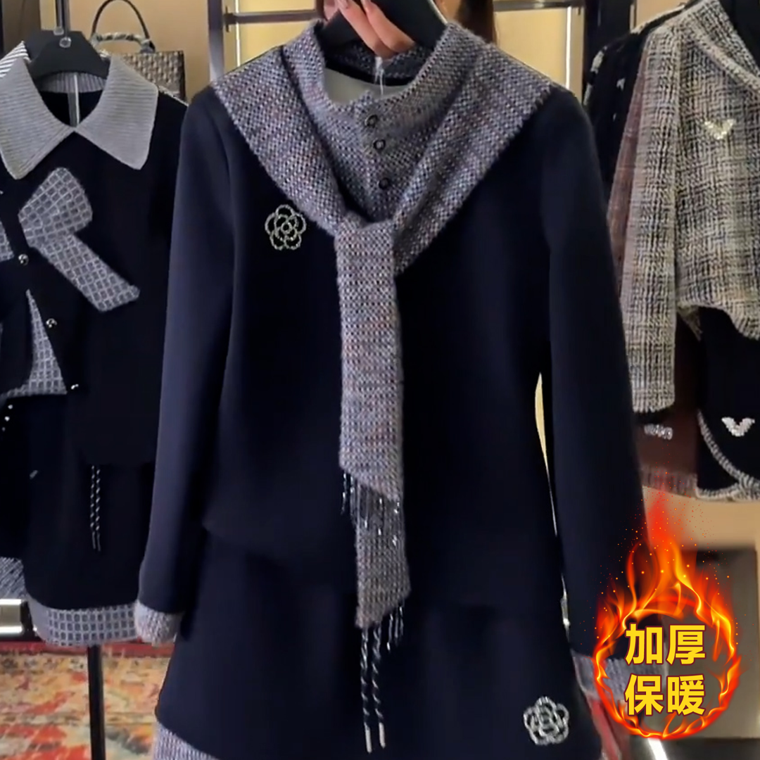 高级感山茶花装饰长袖卫衣女秋冬时尚百搭加绒保暖宽松显瘦上衣潮