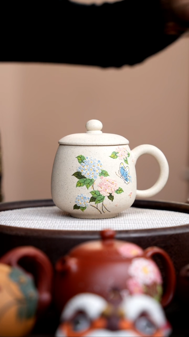 茶壶紫砂白玉段盖杯绣球花 