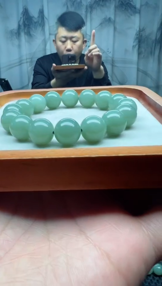 未镶嵌手串和田玉翠青卡14纯天然拍一发一