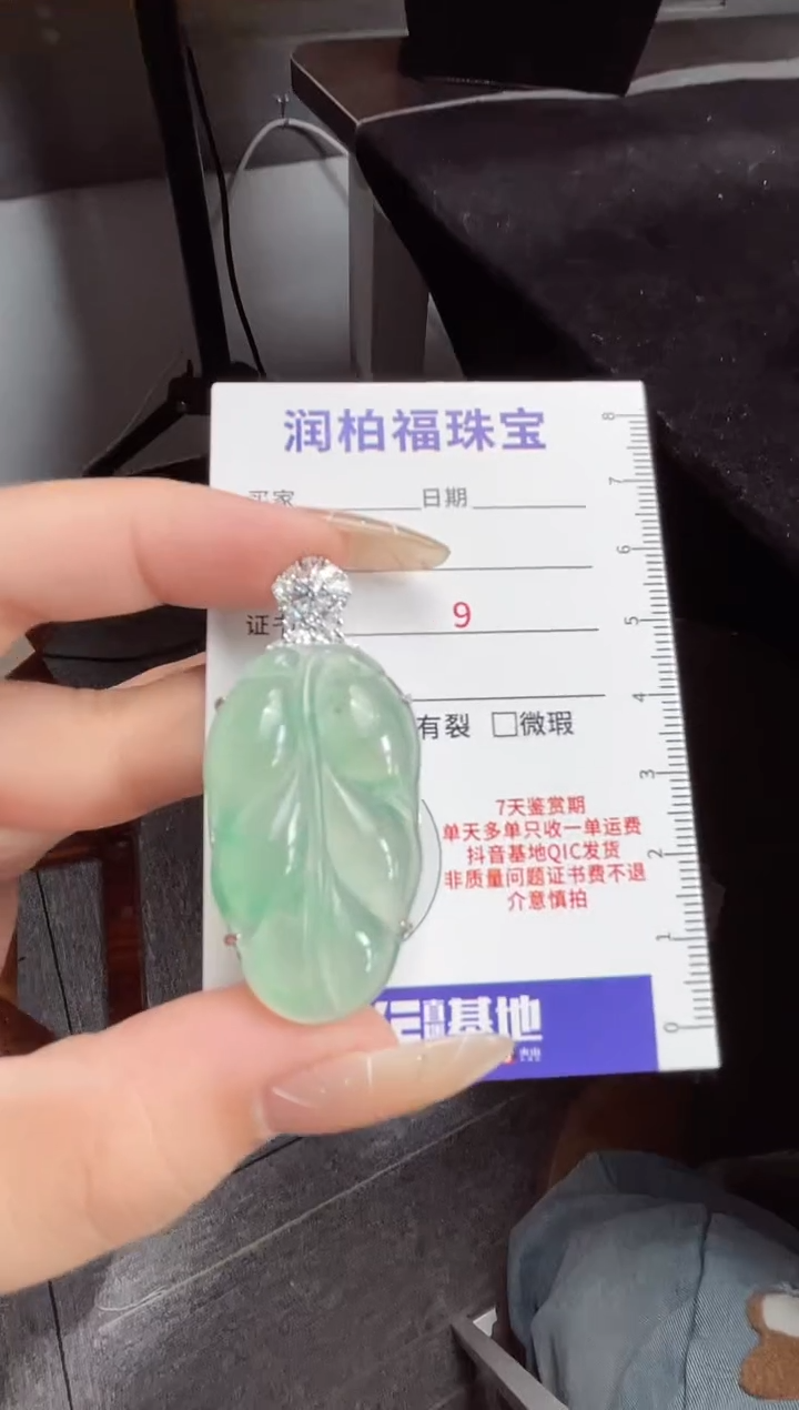 吊坠(赠链)银S925镶嵌石英质玉（非洲翠）22.376叶子