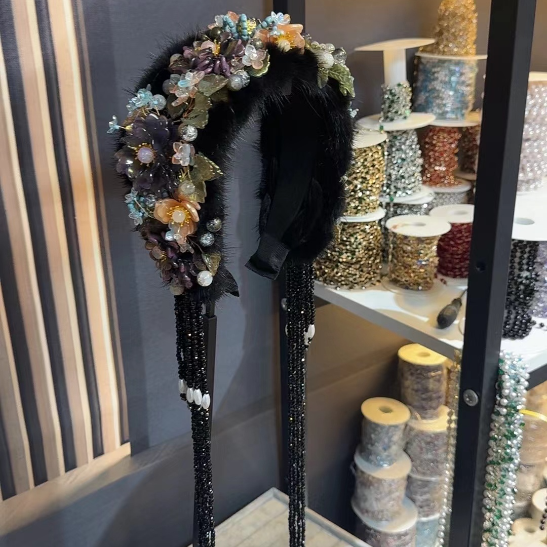 【黑琉璃】秋冬新品镶钻毛毛发箍复古琉璃流苏头箍宽边带齿发卡