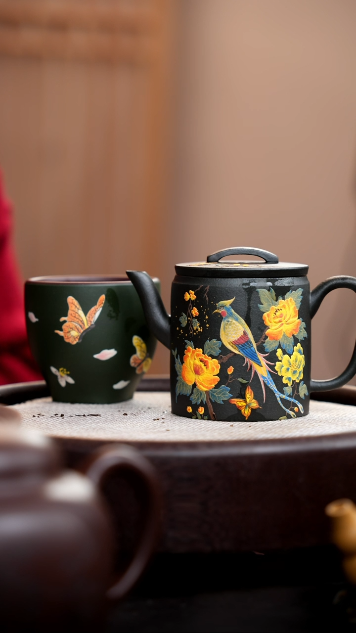 【闪购商品】紫砂茶壶九龄君子兰高汉瓦泥绘花鸟+杯