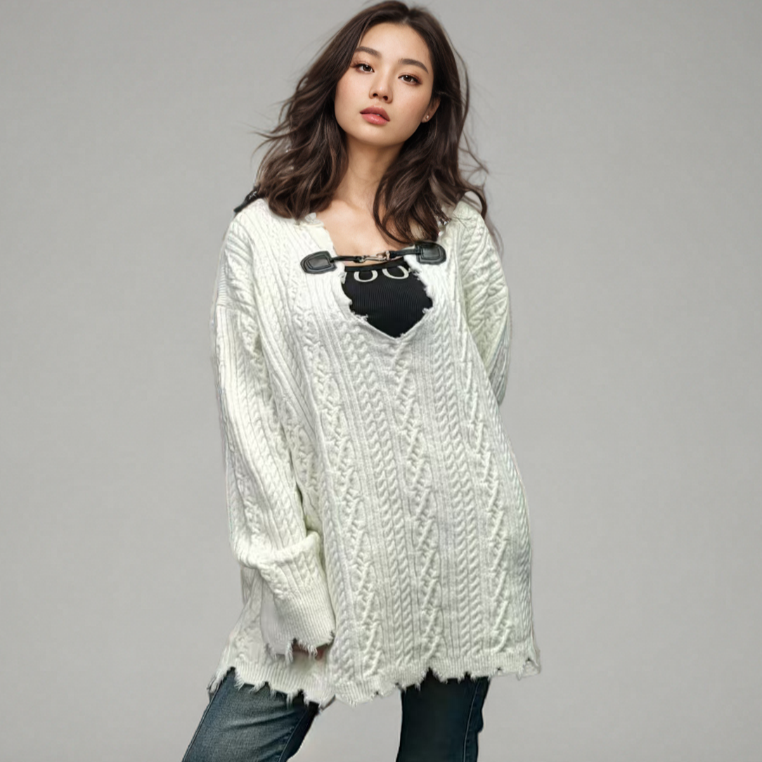 慵懒风小众设计感大V领流苏磨破针织衫/毛衣上衣叠穿男女款7786