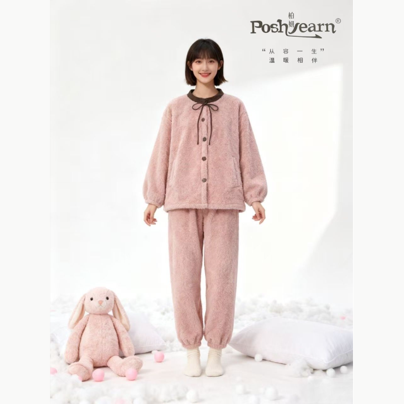 柏妍加绒睡衣女秋冬宽松休闲圆领加大码可外穿家居孕妇服保暖套装