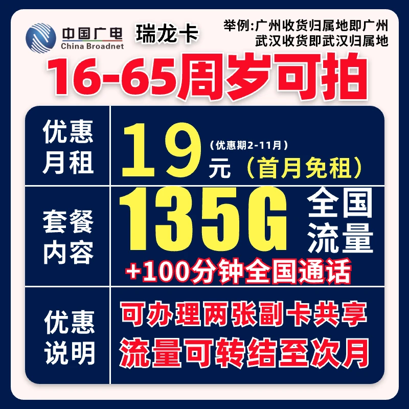 【16-65周岁可拍】全国大流量卡手机卡电话卡广电正龙卡全国5G套餐