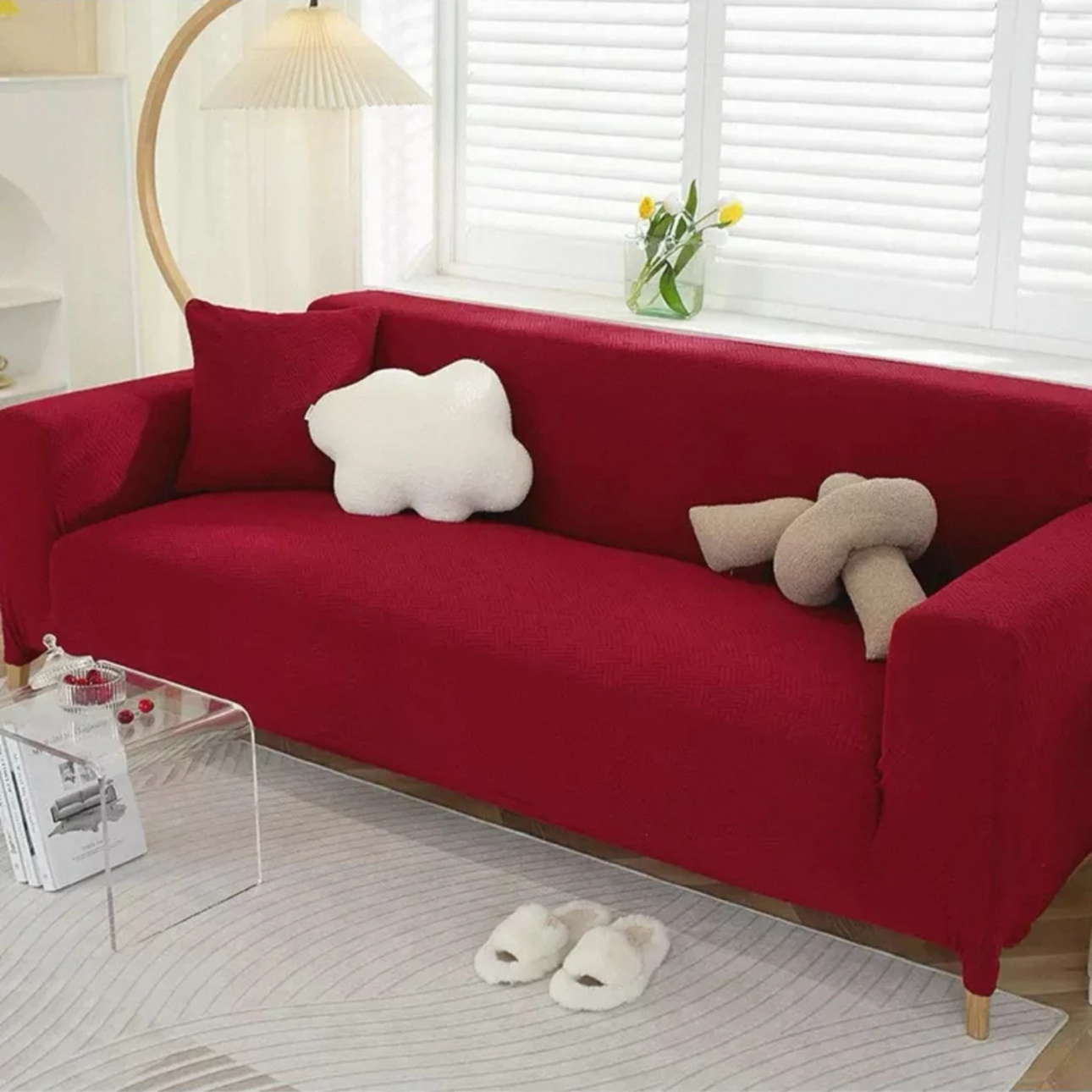 单人位酒红色沙发套防猫抓罩弹力全包套四季通用简约保护套发一个