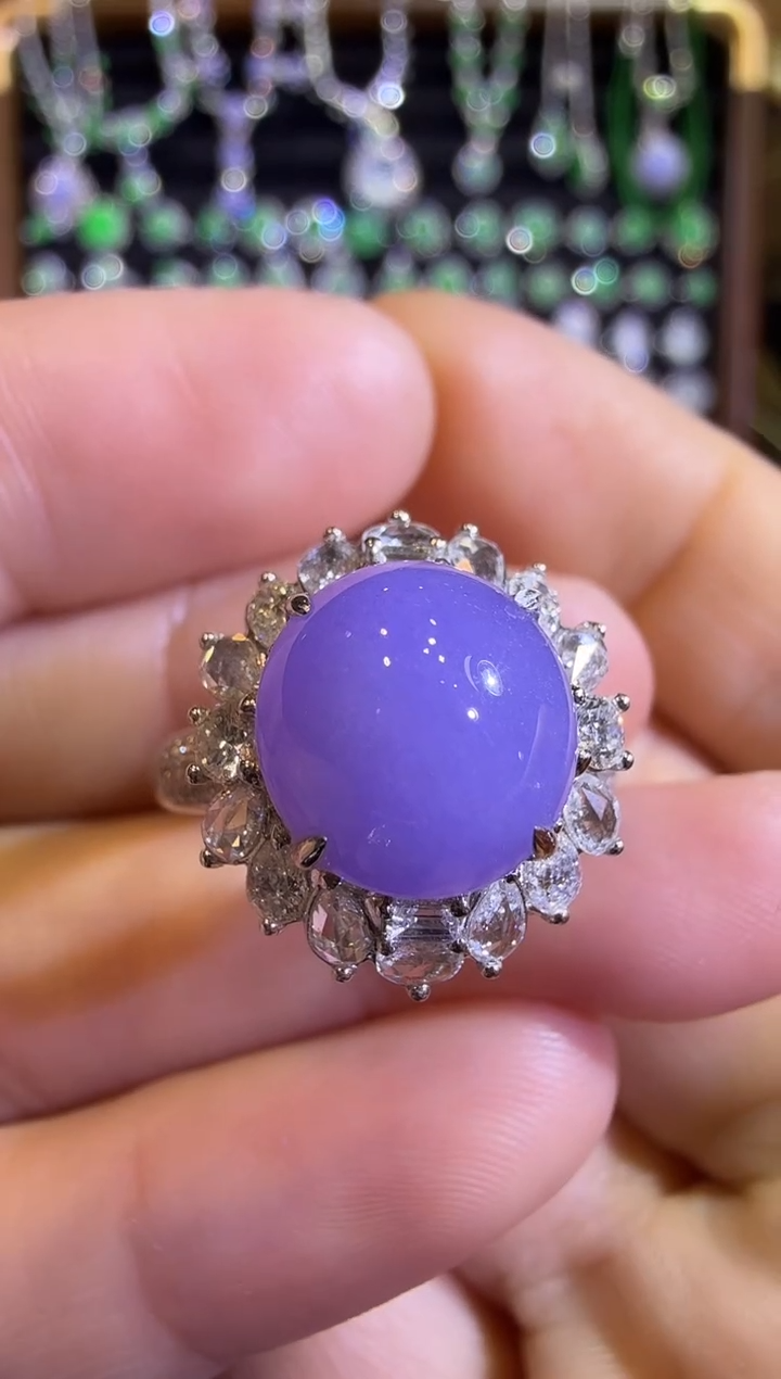 【闪购商品】翡翠戒指18K金镶嵌冰紫满色蛋面戒指