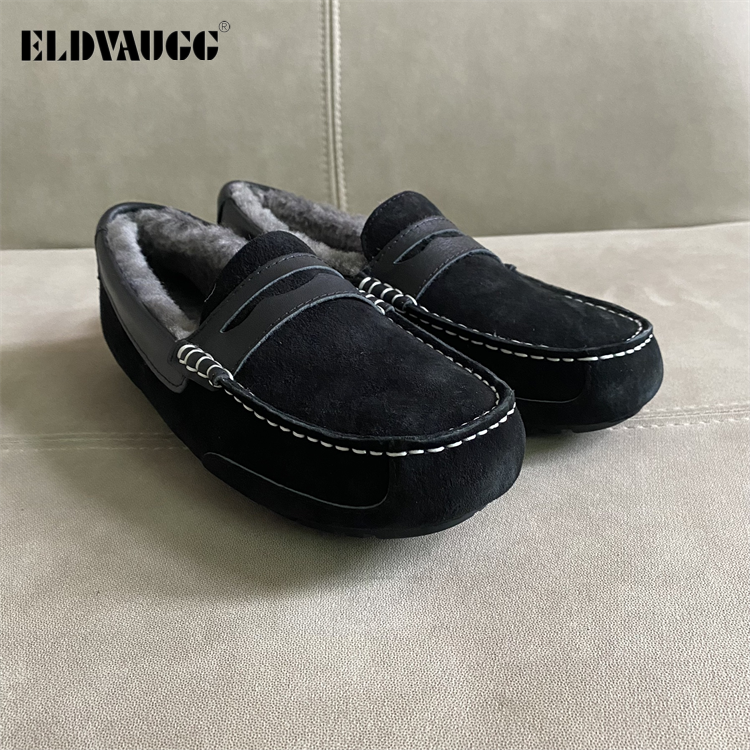 ELDVAUGG高档真皮男士加绒豆豆鞋羊毛舒适百搭保暖软底一脚蹬开车