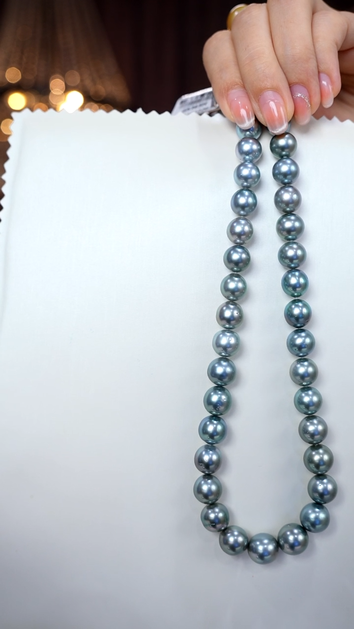14K金镶嵌项链海水珍珠铂金灰8-11mm