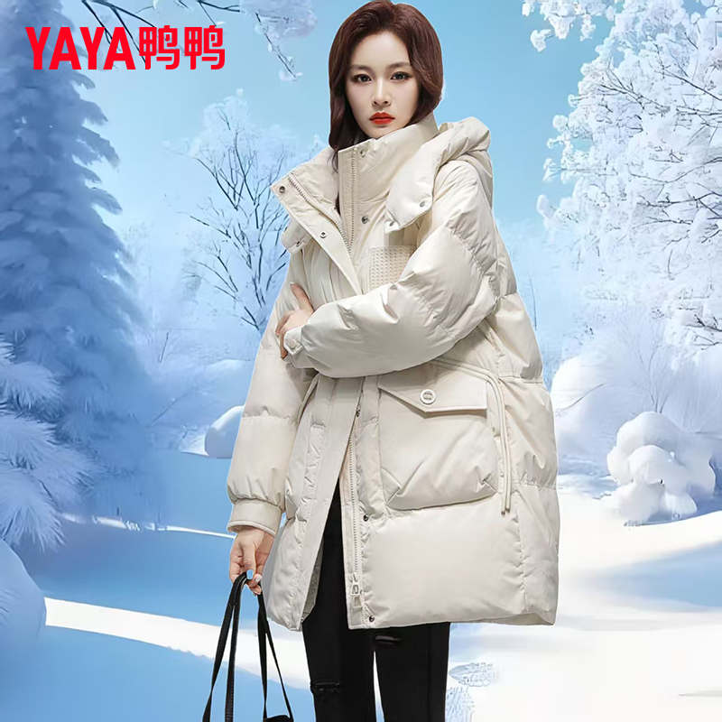 YAYA/鸭鸭红色羽绒服女中长2025冬季时尚休闲女洋气时髦高级外套