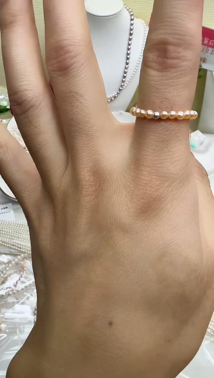 银S925镶嵌戒圈淡水珍珠粉色近正圆3mm