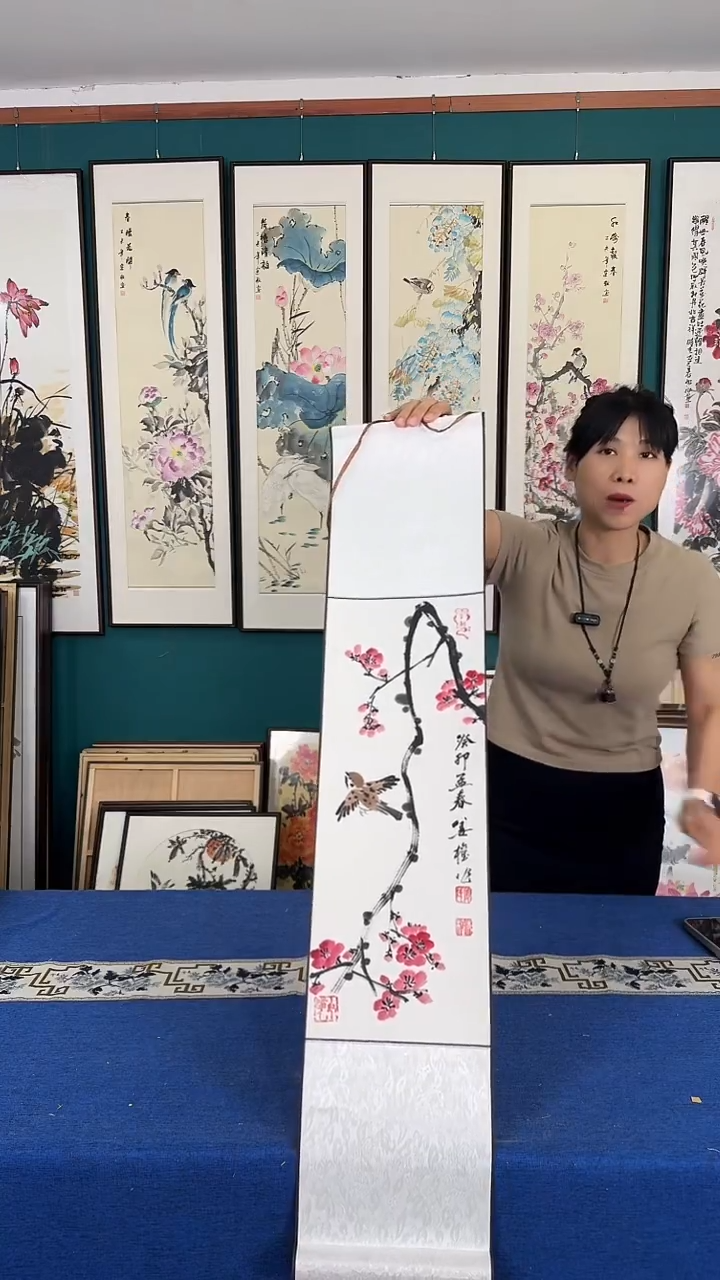 国画梅花 卷轴装裱 20*100