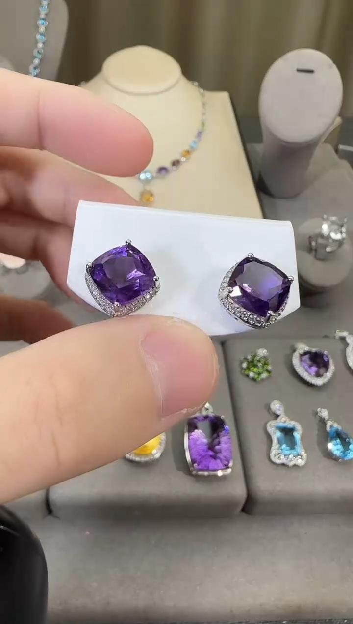 银S925镶嵌耳饰紫晶10mm耳钉简约