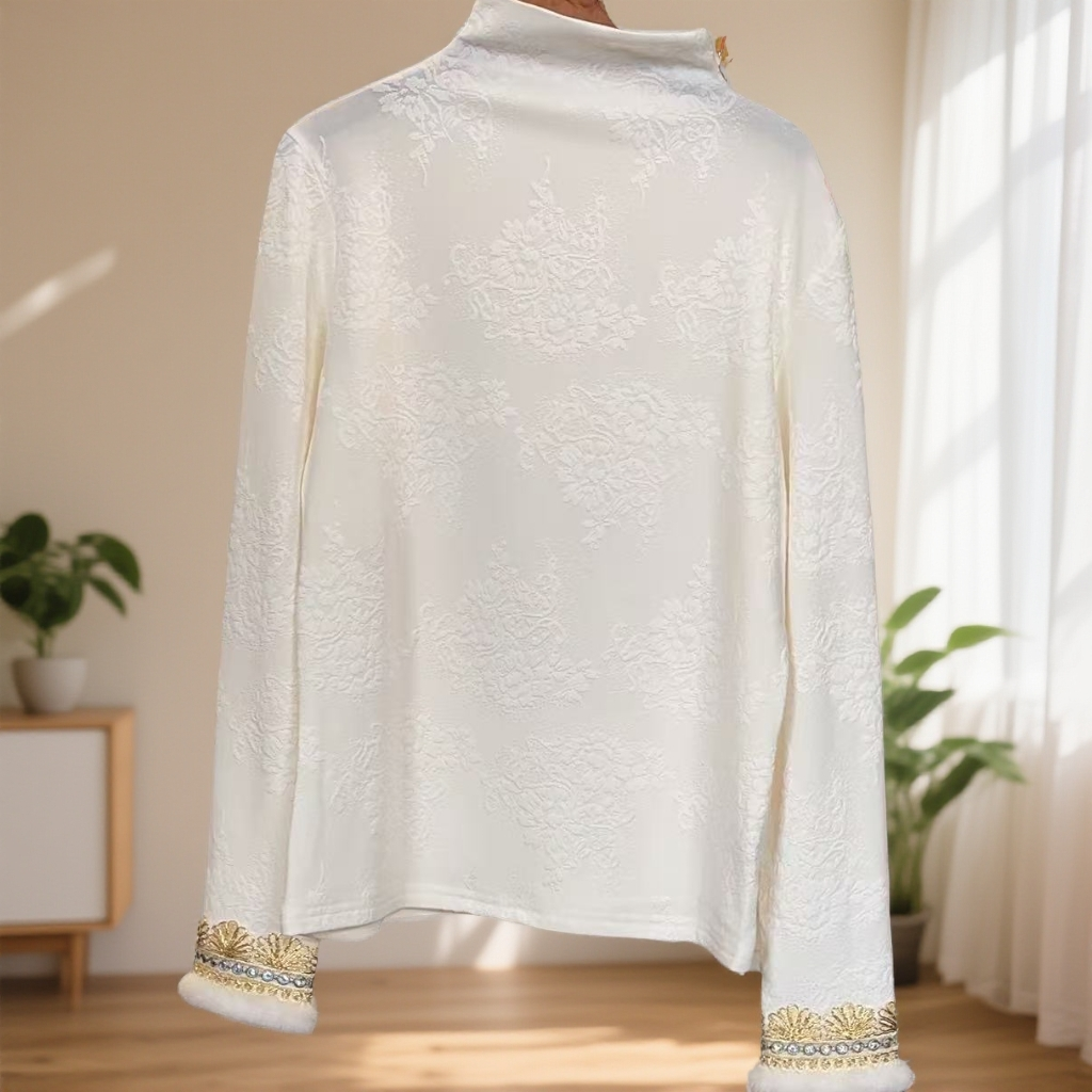 8170-花卉-打底衫半高领T恤长袖立领新中式通勤风短款中式