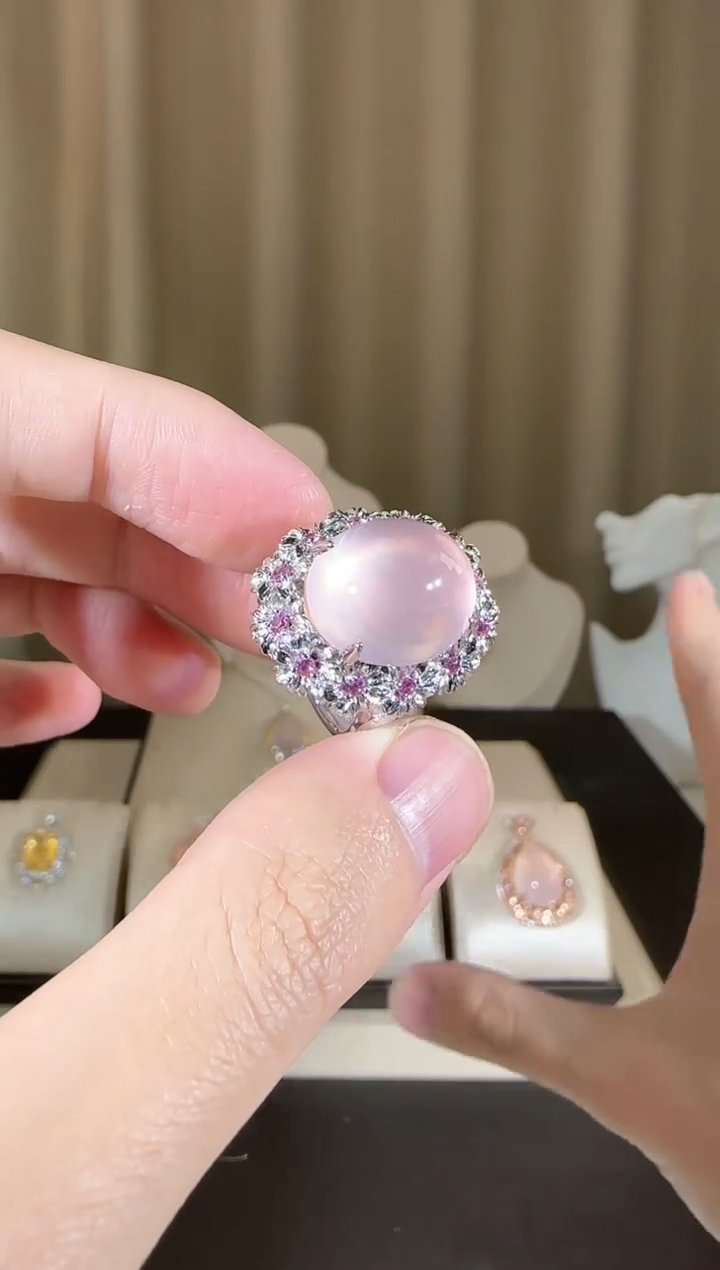 【闪购商品】芙蓉石戒指银S925镶嵌15*13mm星光粉水晶
