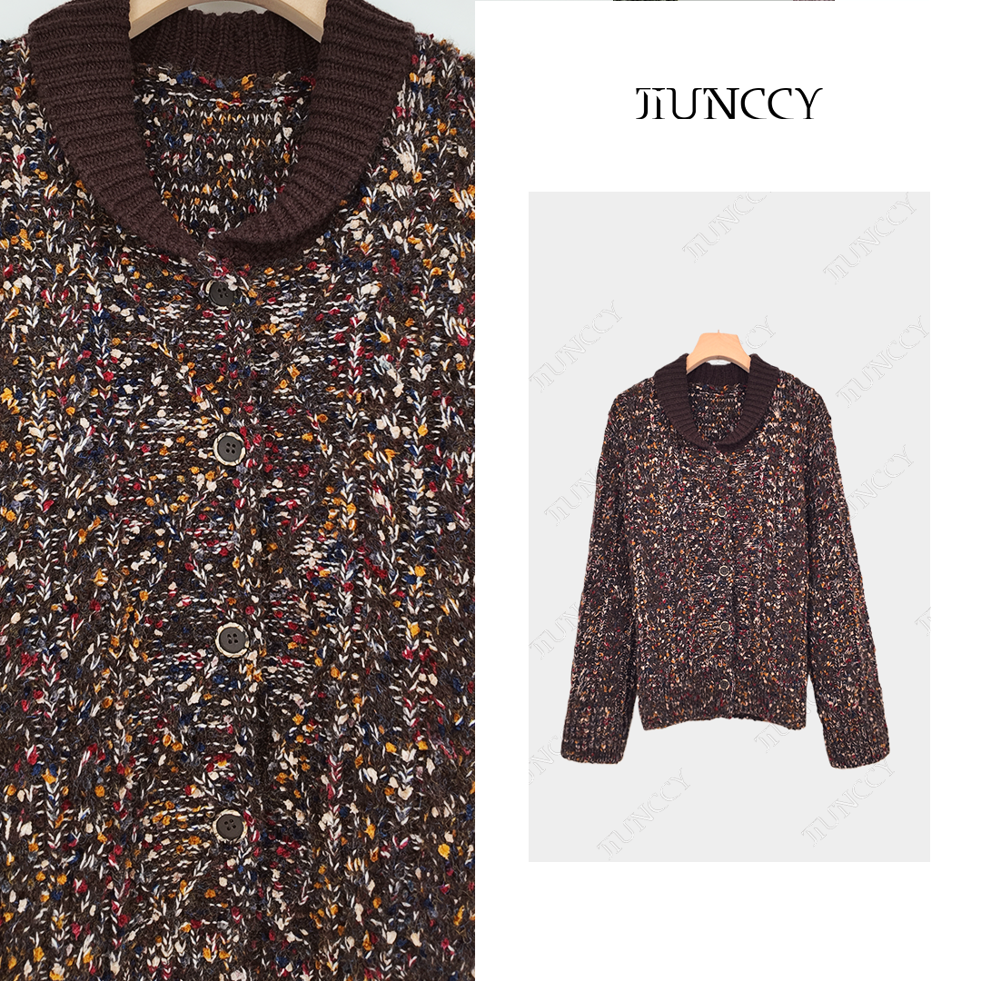 JIUNCCY【绽放】羊毛混纺五色颗粒感花纱绞花针织开衫 52YZZ188