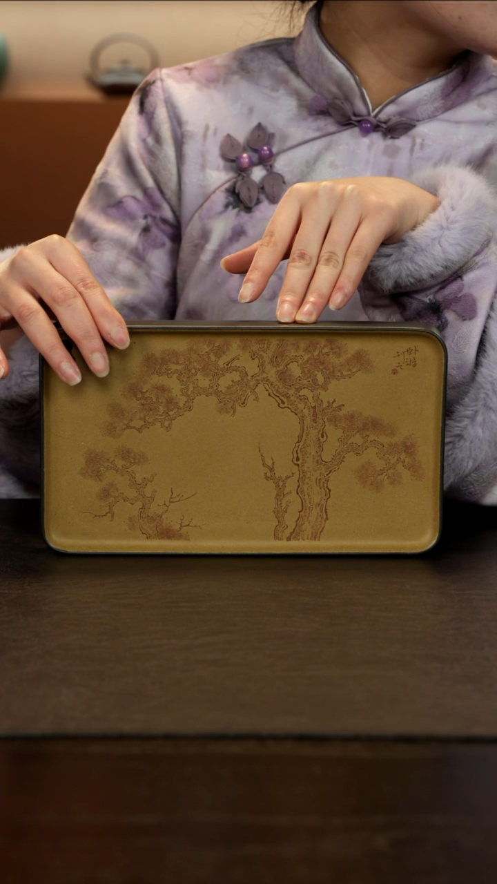 【闪购商品】紫砂茶盘直播福利段泥粉墨绿双层壶承刻松