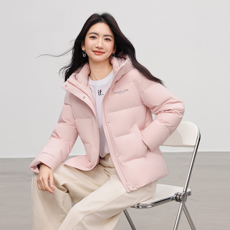 拉夏贝尔鸭绒羽绒服女士短款连帽2025年冬季新款简约时尚保暖外套